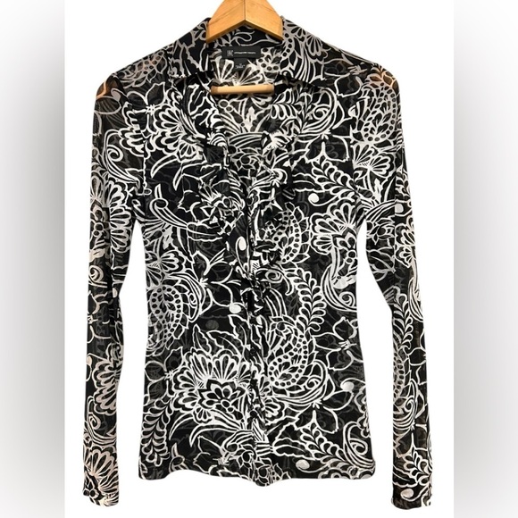 Vintage INC International Concepts Black Ruffle Neck Button Up Blouse Sheer Y2K - Picture 2 of 7